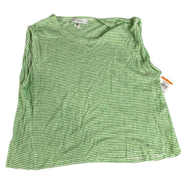 FRAME Knotted Rolled Muscle Tee Linen Top Shirt | Womens L, Green White Stripe - Picture 6 of 7